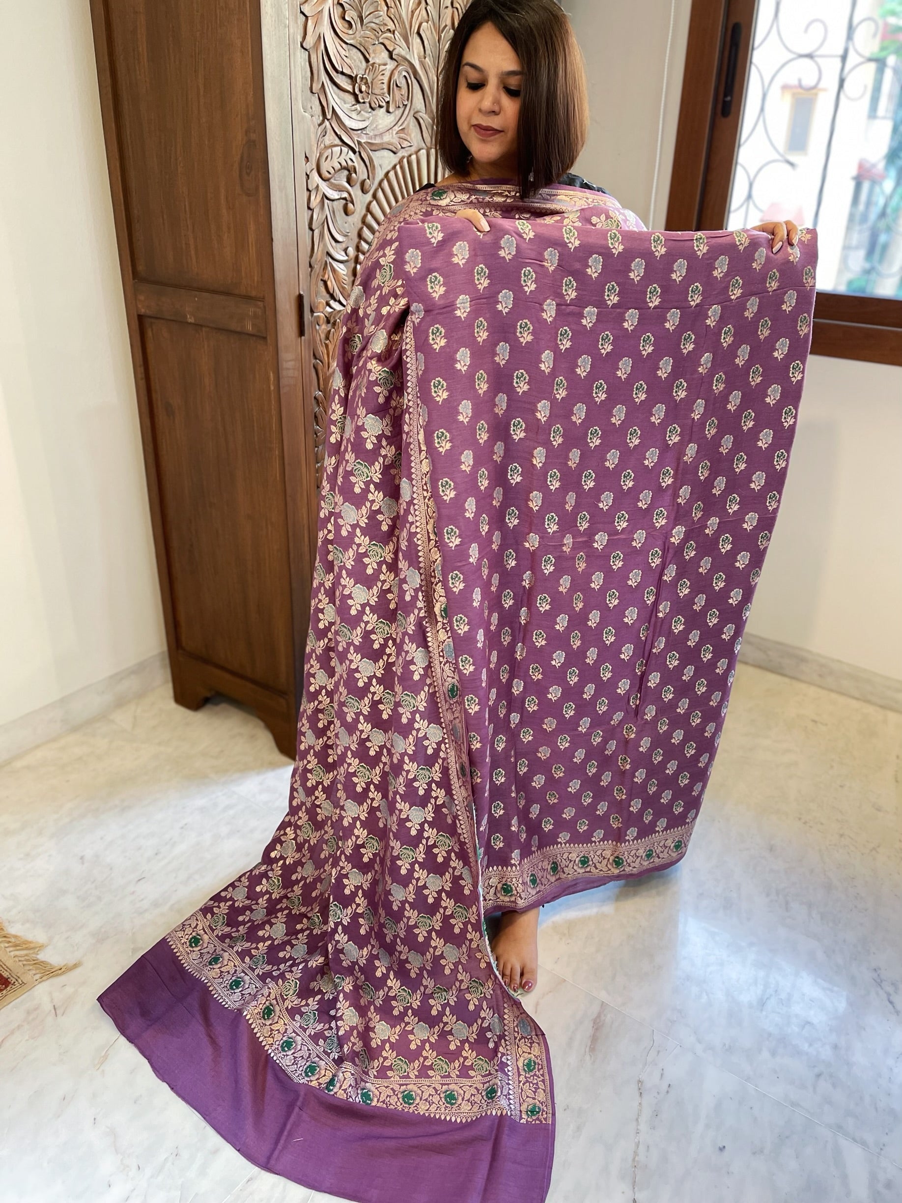 Purple Woven Suit Set with Zari and Meenakari in Weaving in Pure Moonga Silk - Masakalee