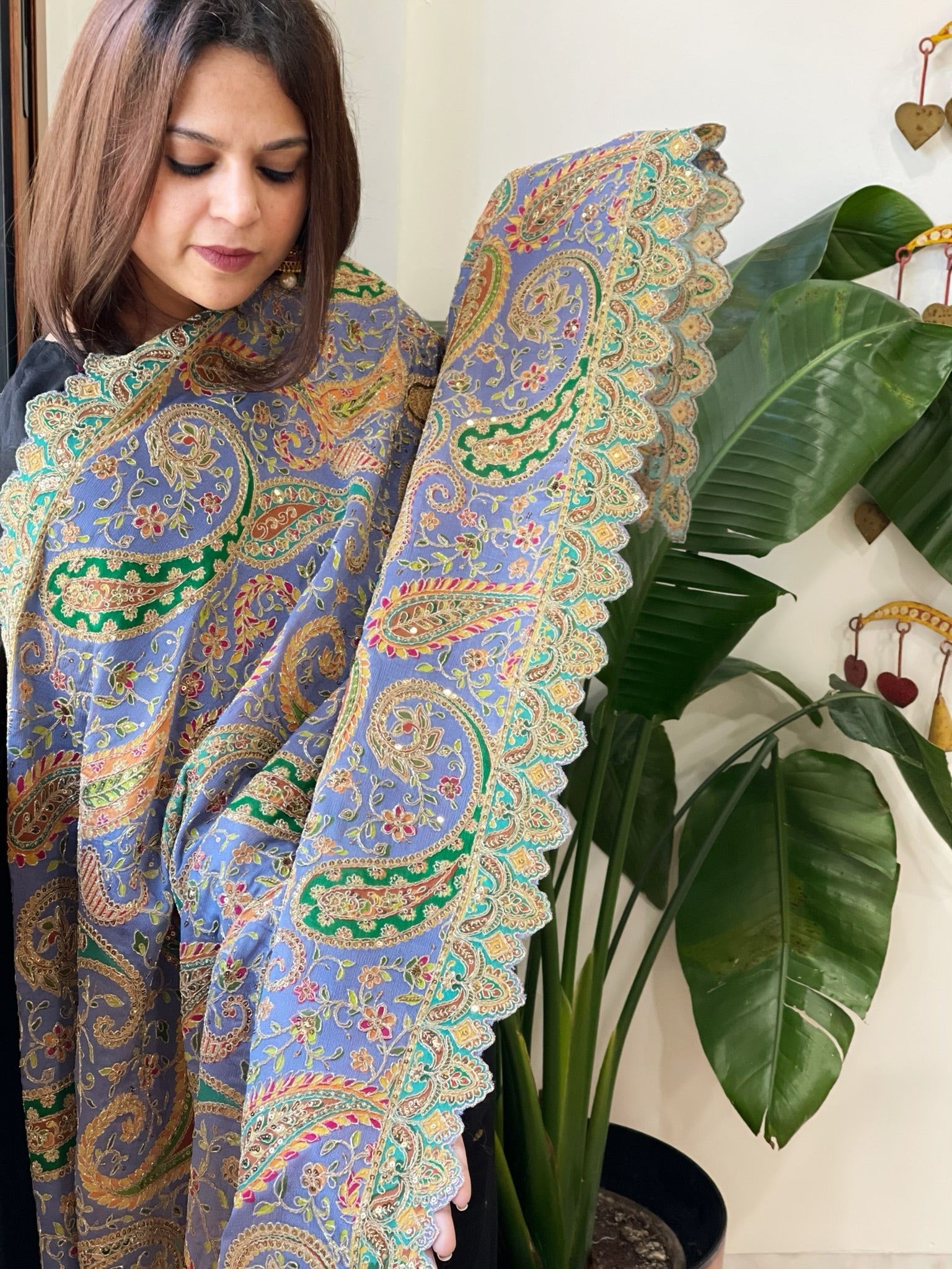 Purplish Blue Chinon Dupatta with Aari Embroidery - Masakalee