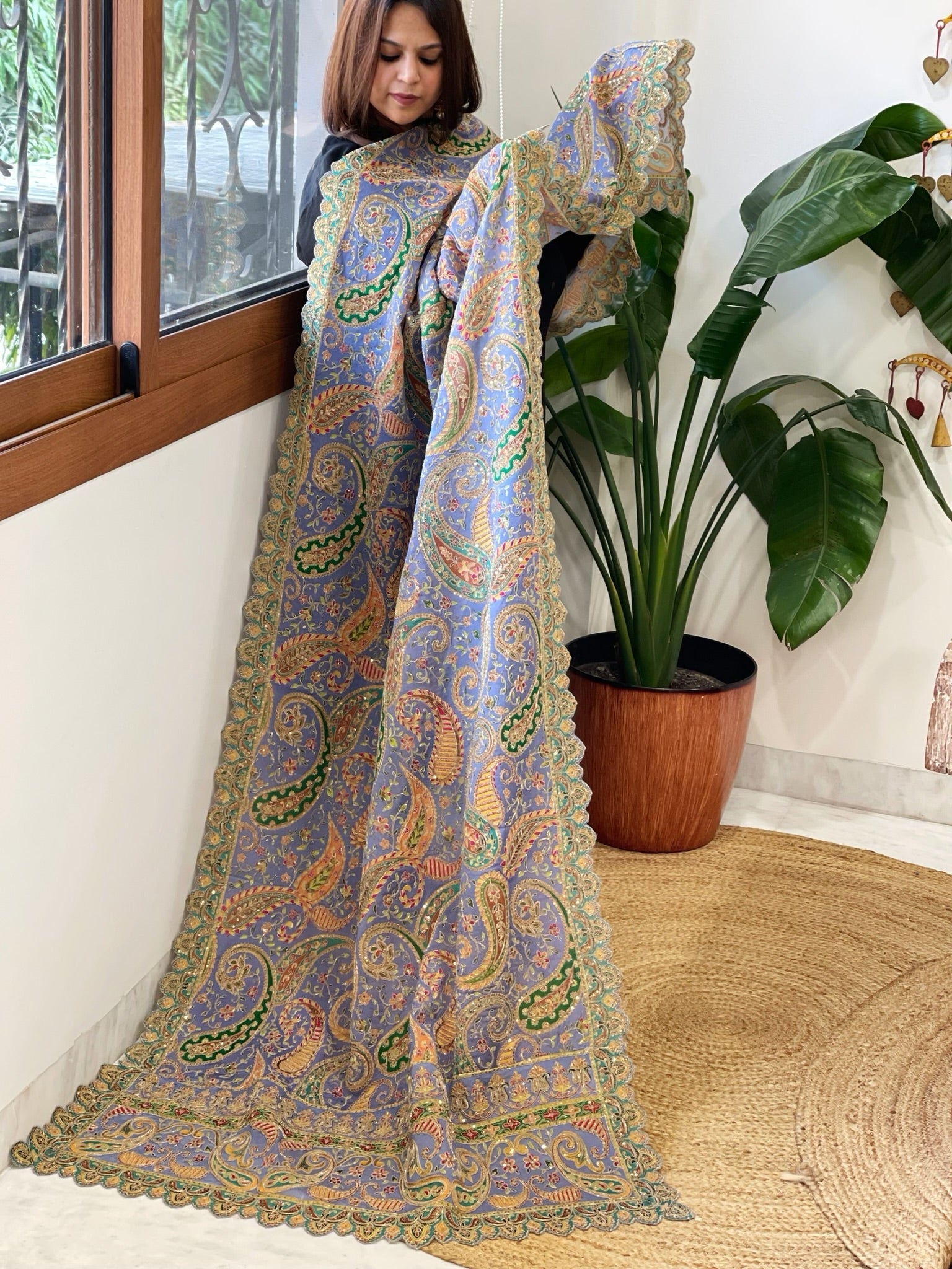 Purplish Blue Chinon Dupatta with Aari Embroidery - Masakalee