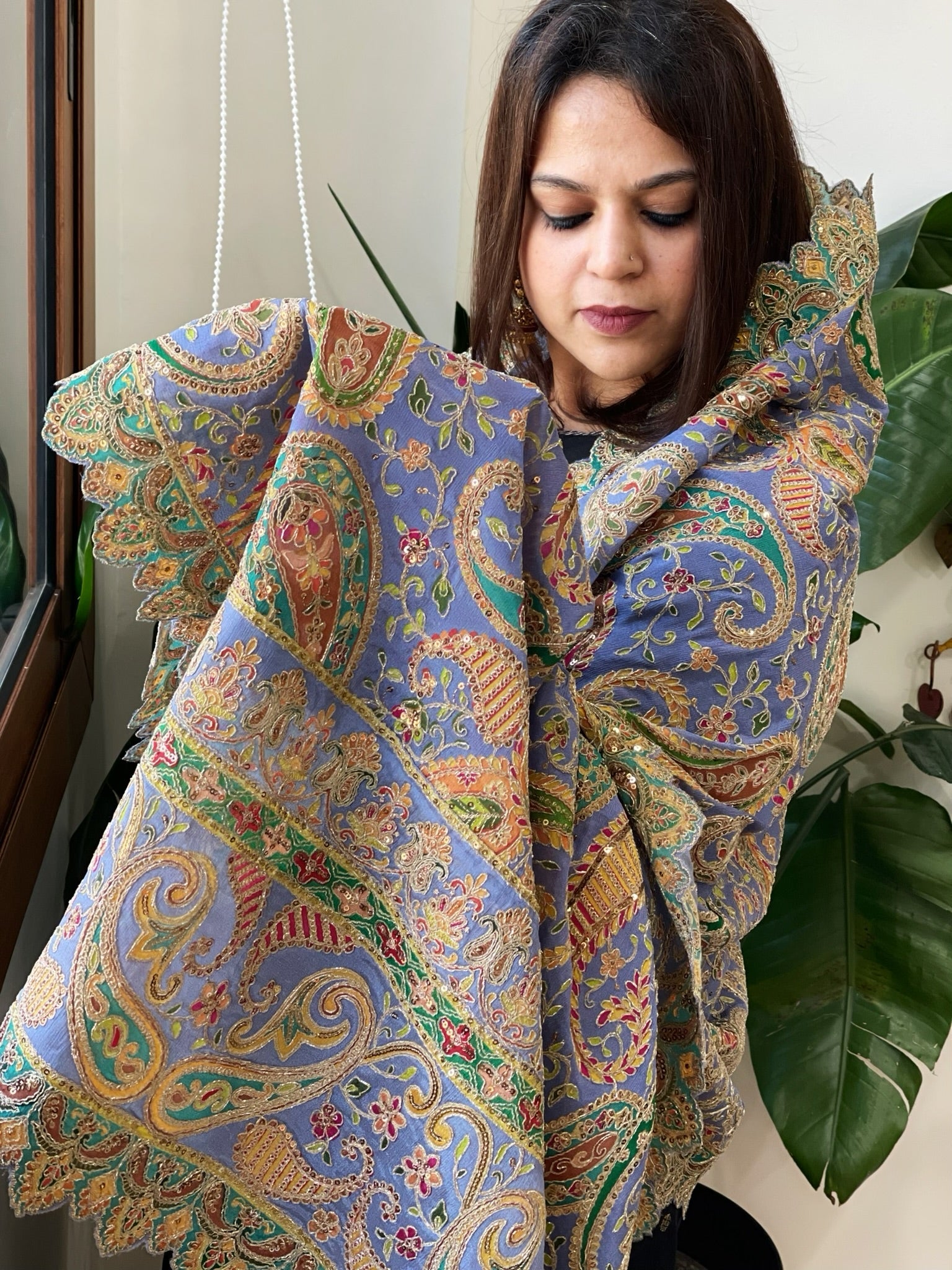 Purplish Blue Chinon Dupatta with Aari Embroidery - Masakalee