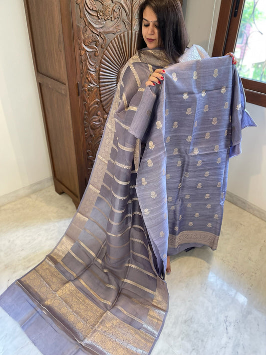 Purplish Blue Designer Banarasi Suit Set in Raw Silk - Masakalee