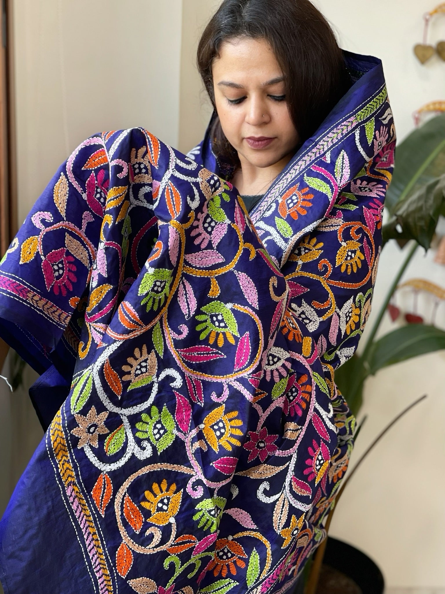 Purplish Blue Handmade Nakshi Kantha Dupatta in Pure Silk - Masakalee