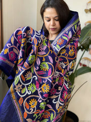 Purplish Blue Handmade Nakshi Kantha Dupatta in Pure Silk - Masakalee
