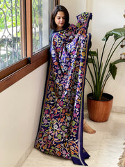 Purplish Blue Handmade Nakshi Kantha Dupatta in Pure Silk - Masakalee