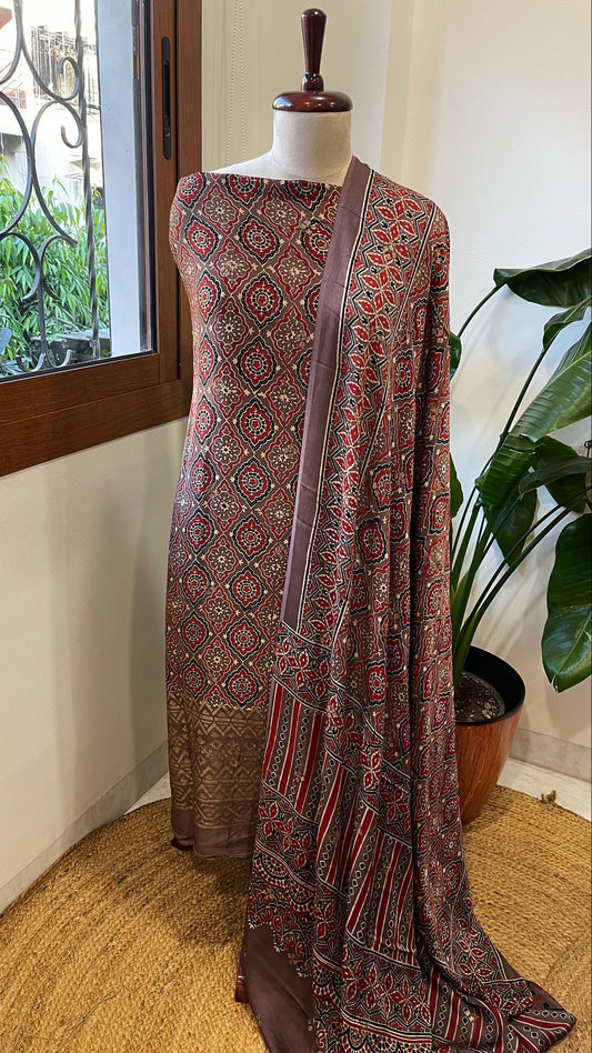 Purplish Brown Suit Set with Ajrakh Handblock Print and Sequin Embroidery in Modal Silk - Masakalee