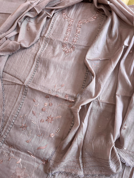 Purplish Brown Suit Set with Sequin ad Knot handwork in Mul Chanderi - Masakalee