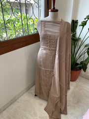 Purplish Brown Suit Set with Sequin ad Knot handwork in Mul Chanderi - Masakalee