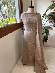 Purplish Brown Suit Set with Sequin ad Knot handwork in Mul Chanderi - Masakalee