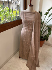 Purplish Brown Suit Set with Sequin ad Knot handwork in Mul Chanderi - Masakalee