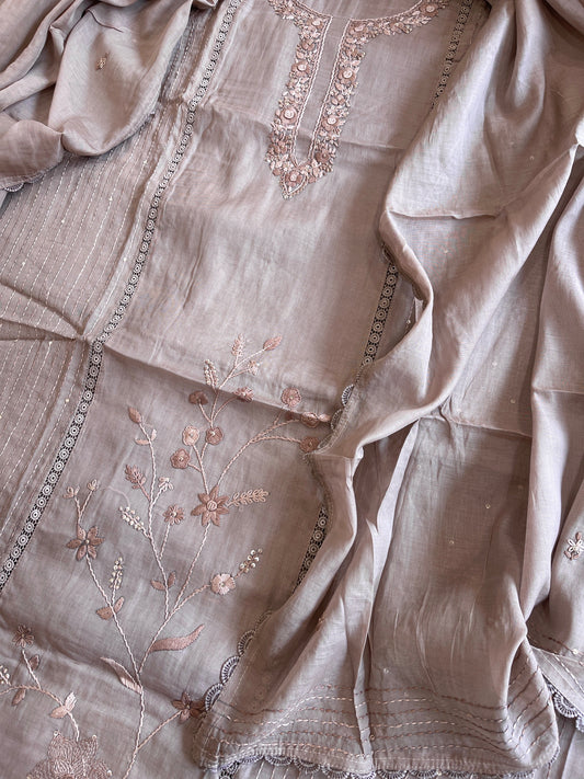 Purplish Brown Suit Set with Sequin ad Knot handwork in Mul Chanderi - Masakalee