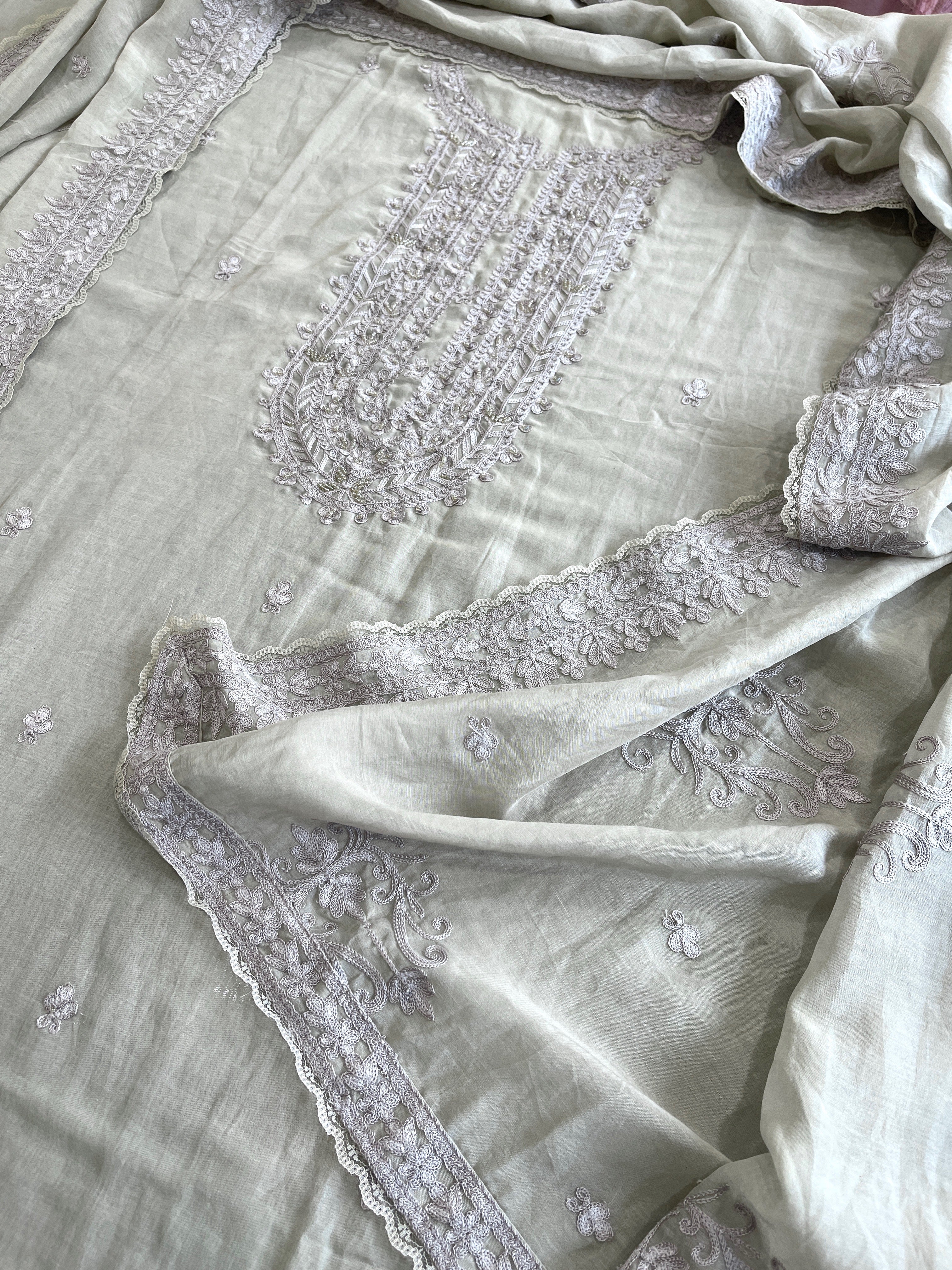 Purplish Grey Suit Set with Aari Threadwork and Pearl, Sequin work in Pure Mul Chanderi - Masakalee