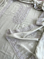 Purplish Grey Suit Set with Aari Threadwork and Pearl, Sequin work in Pure Mul Chanderi - Masakalee