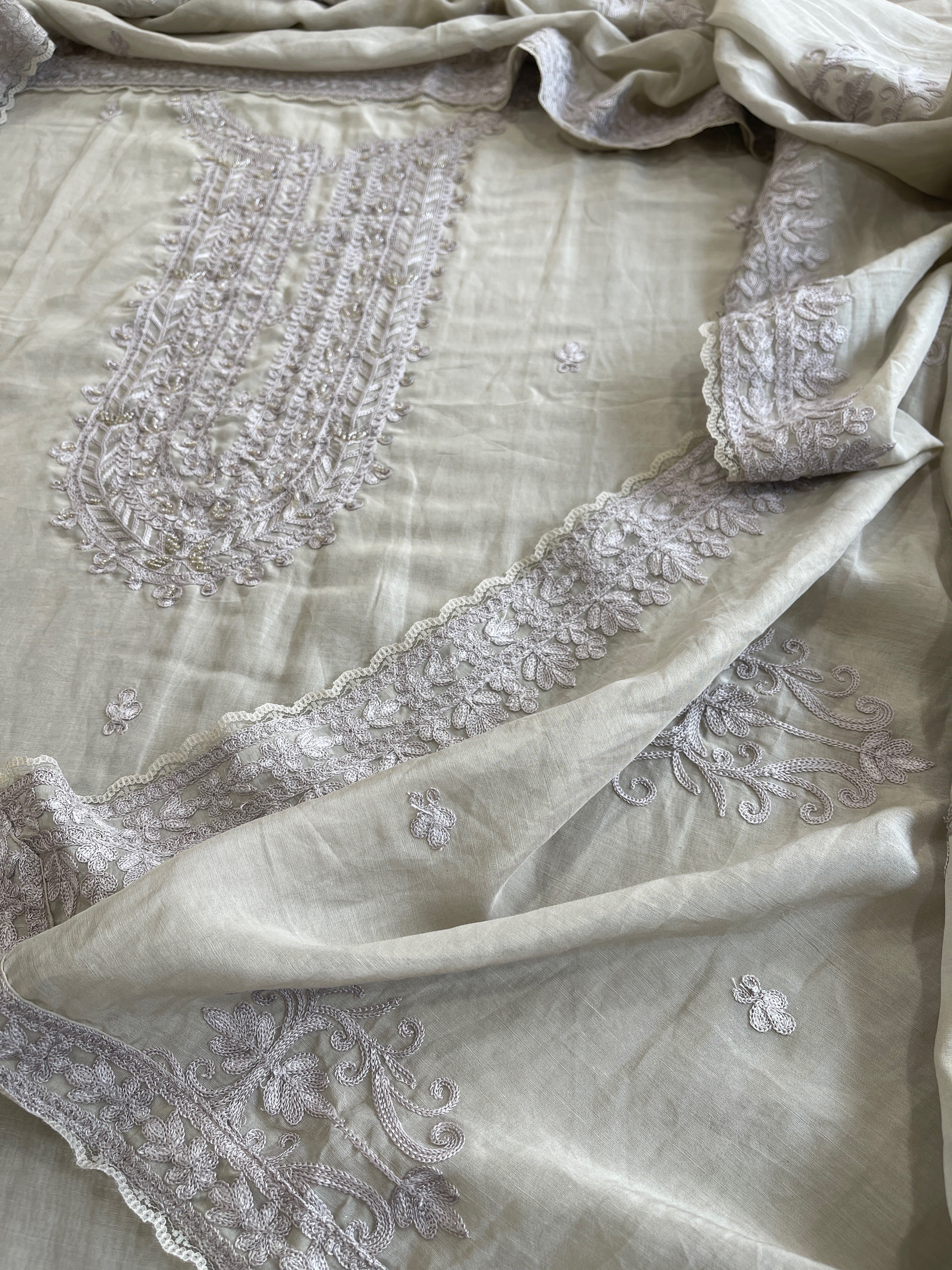 Purplish Grey Suit Set with Aari Threadwork and Pearl, Sequin work in Pure Mul Chanderi - Masakalee