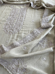 Purplish Grey Suit Set with Aari Threadwork and Pearl, Sequin work in Pure Mul Chanderi - Masakalee