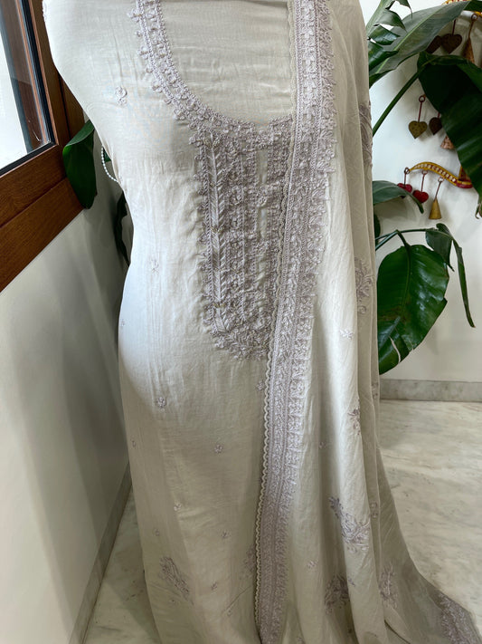 Purplish Grey Suit Set with Aari Threadwork and Pearl, Sequin work in Pure Mul Chanderi - Masakalee