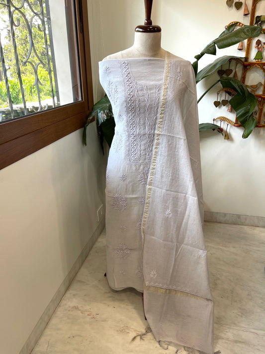 Purplish Grey Suit Set with Lucknowi Handwork in Pure Mul Chanderi - Masakalee