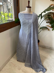 Purplish Grey Suit Set with Pearl, Cut Daana and Thread Handwork in Pure Mul Chanderi - Masakalee