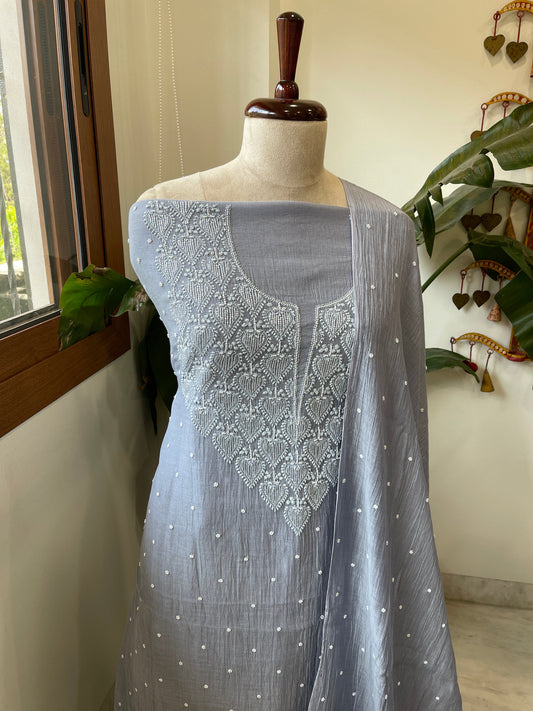 Purplish Grey Suit Set with Pearl, Cut Daana and Thread Handwork in Pure Mul Chanderi - Masakalee