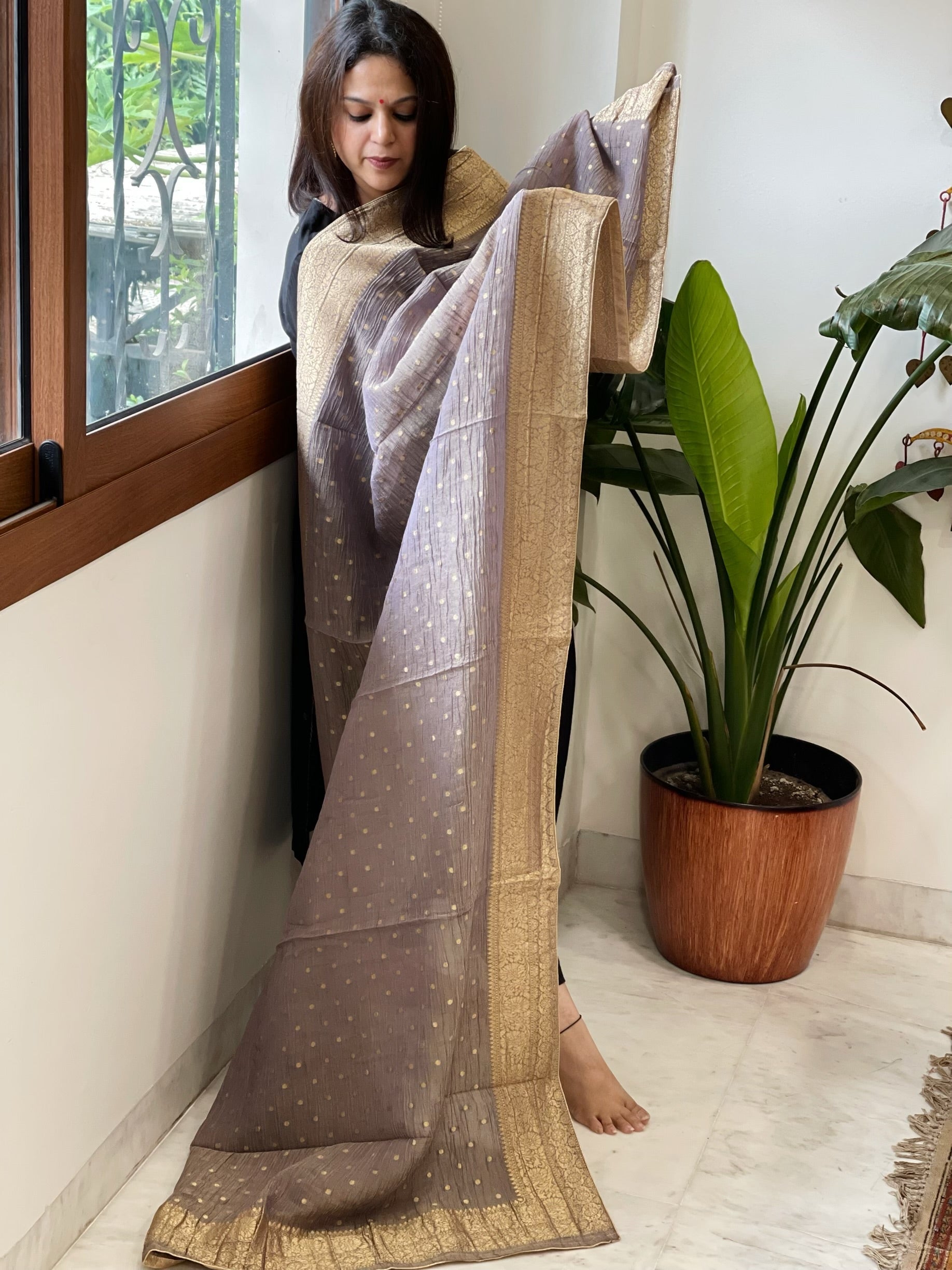 Purplish Grey Woven Banarasi Dupatta in Tissue - Masakalee