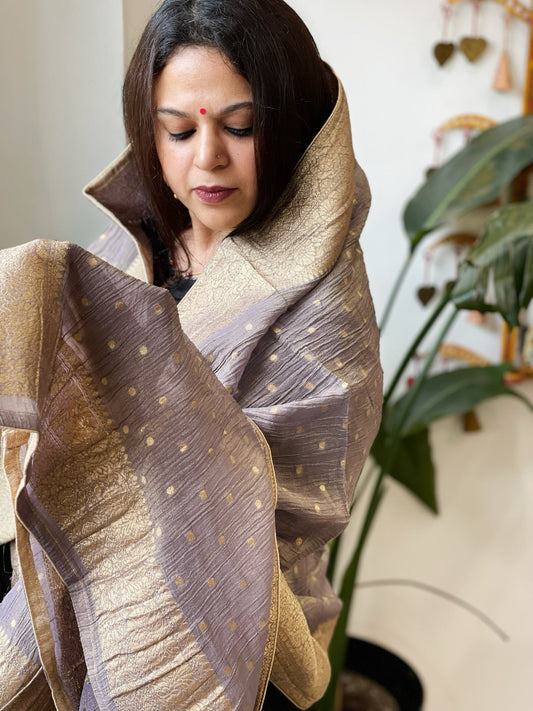 Purplish Grey Woven Banarasi Dupatta in Tissue - Masakalee