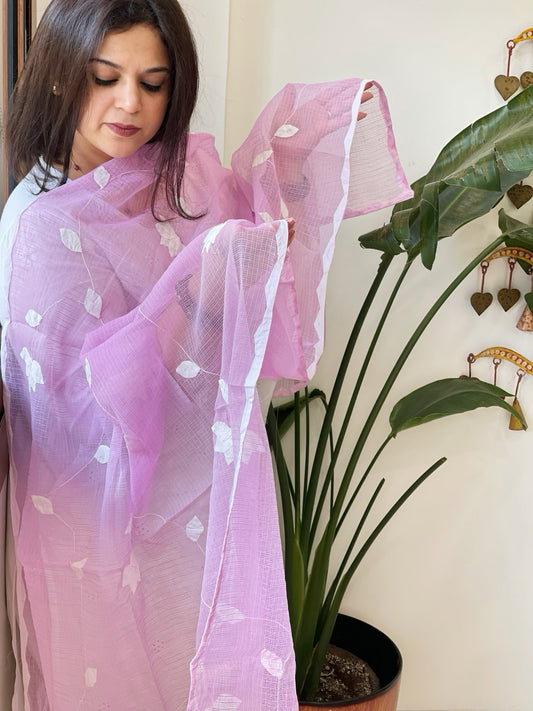 Purplish Pink Applique handwork Dupatta in Kota Cotton - Masakalee