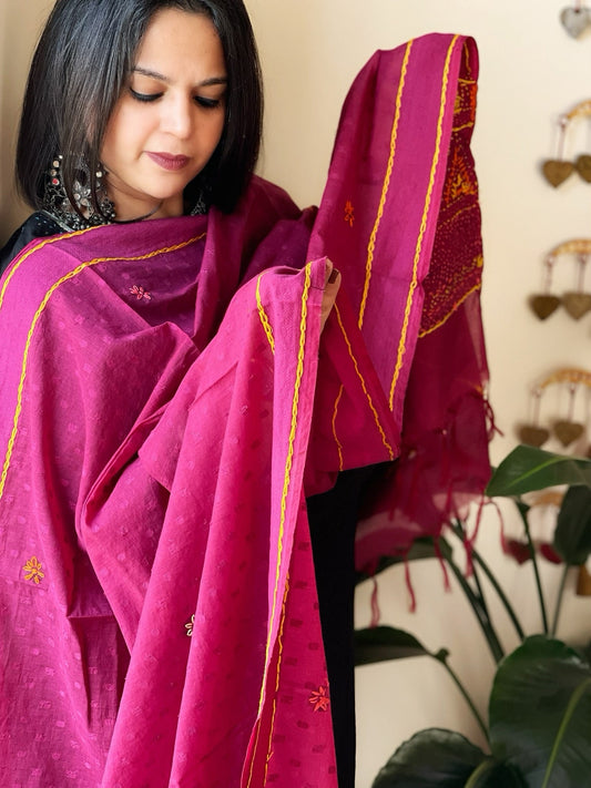 Purplish Pink Lambani Handwork Dupatta with Self in Pure Handwoven Cotton - Masakalee