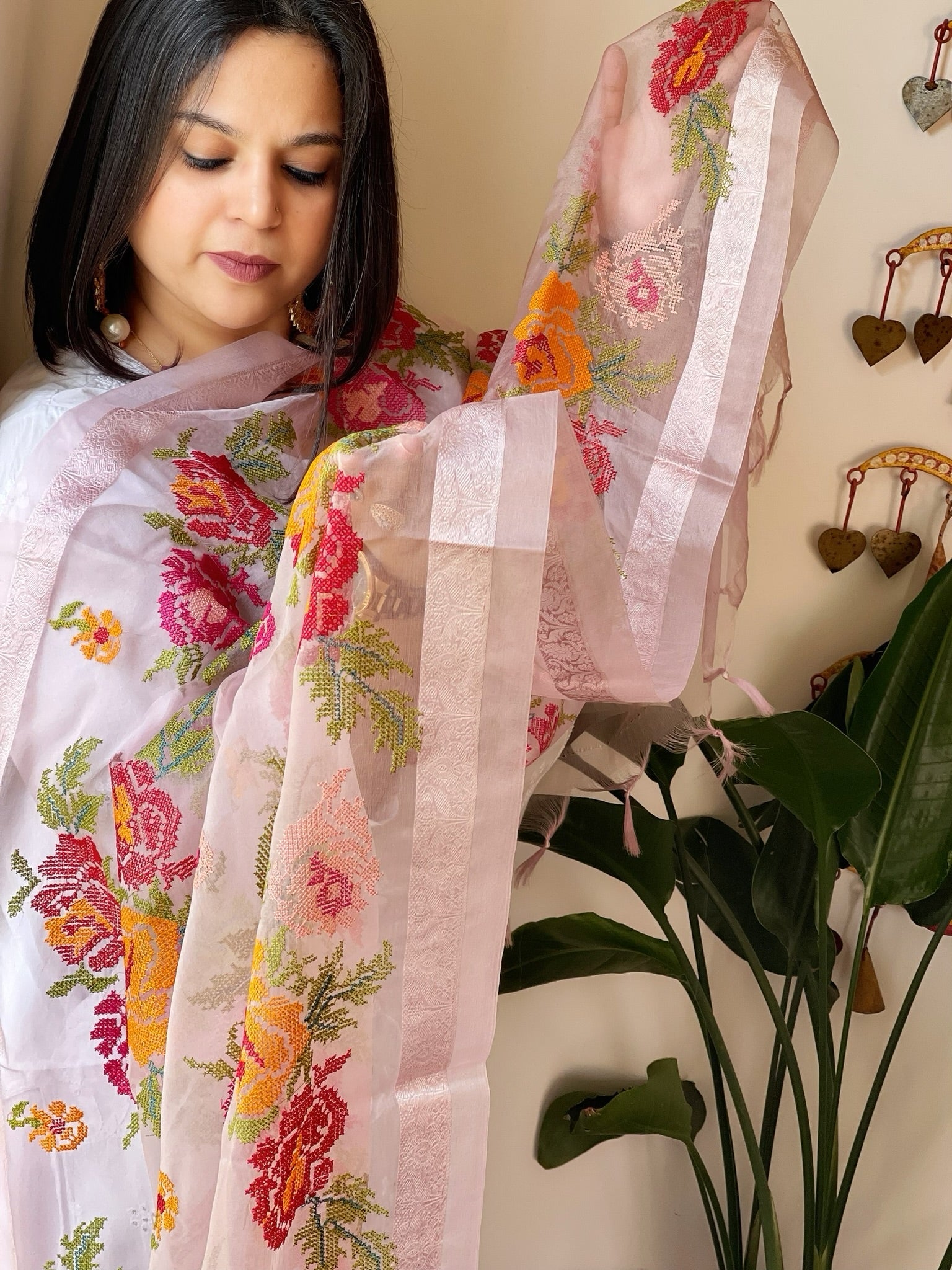 Purplish Pink Organza Dupatta with cross - stitch embroidery - Masakalee