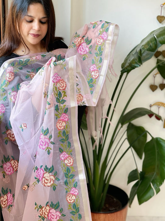 Purplish Pink Organza Dupatta with Cross - Stitch Embroidery - Masakalee