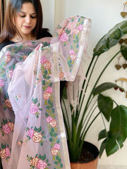 Purplish Pink Organza Dupatta with Cross - Stitch Embroidery - Masakalee