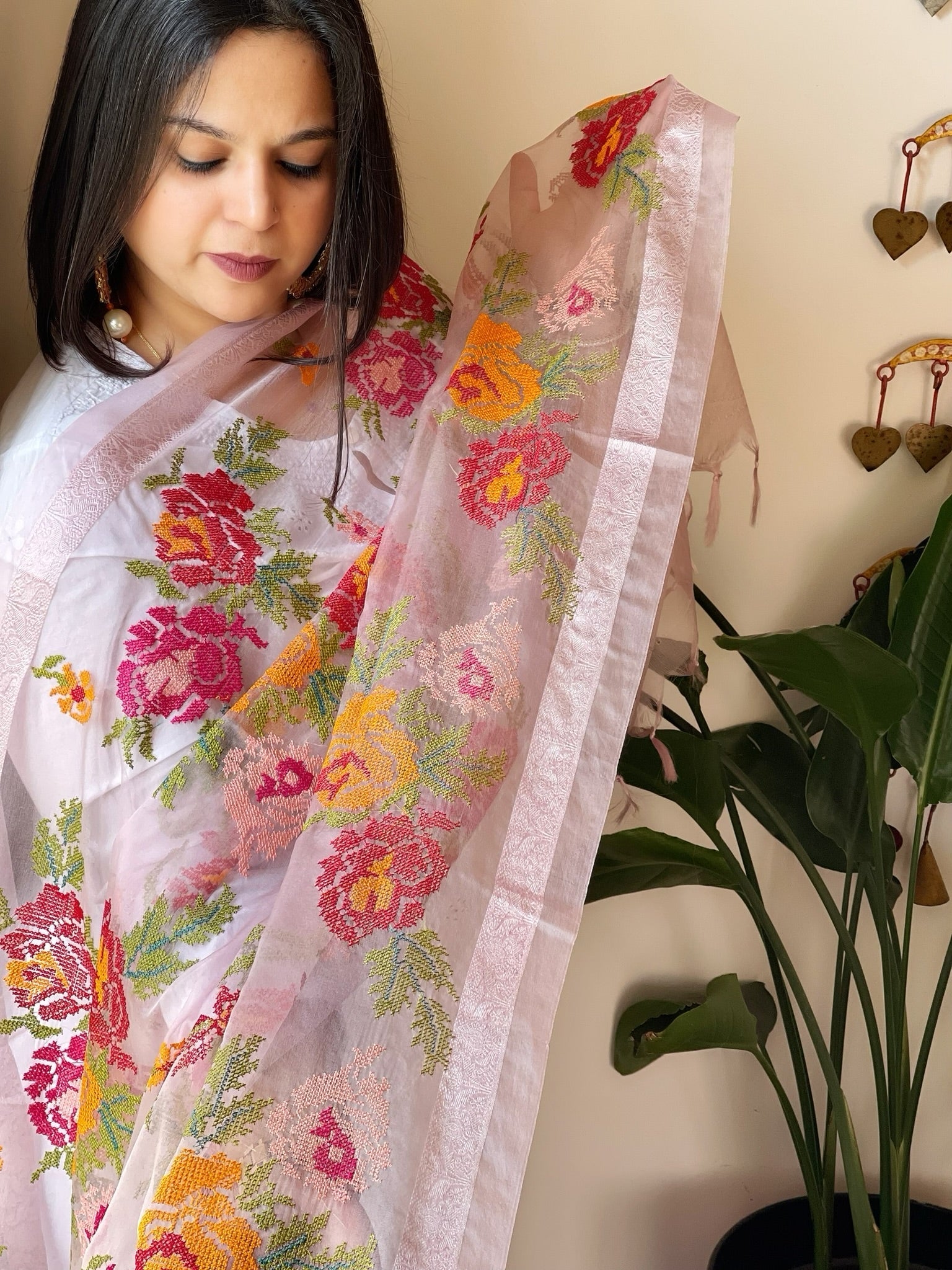 Purplish Pink Organza Dupatta with cross - stitch embroidery - Masakalee