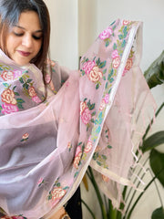 Purplish Pink Organza Dupatta with Cross - Stitch Embroidery - Masakalee