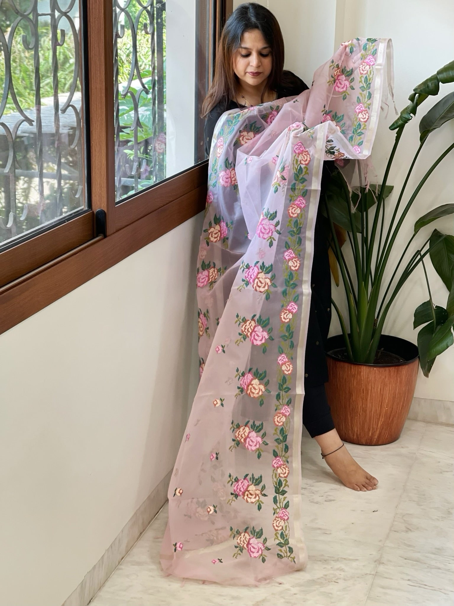 Purplish Pink Organza Dupatta with Cross - Stitch Embroidery - Masakalee