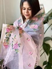 Purplish Pink Organza Dupatta with Cross - Stitch Embroidery - Masakalee