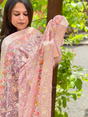 Purplish Pink Parsi Gara Embroidery Dupatta in Georgette - Masakalee