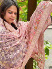 Purplish Pink Parsi Gara Embroidery Dupatta in Georgette - Masakalee