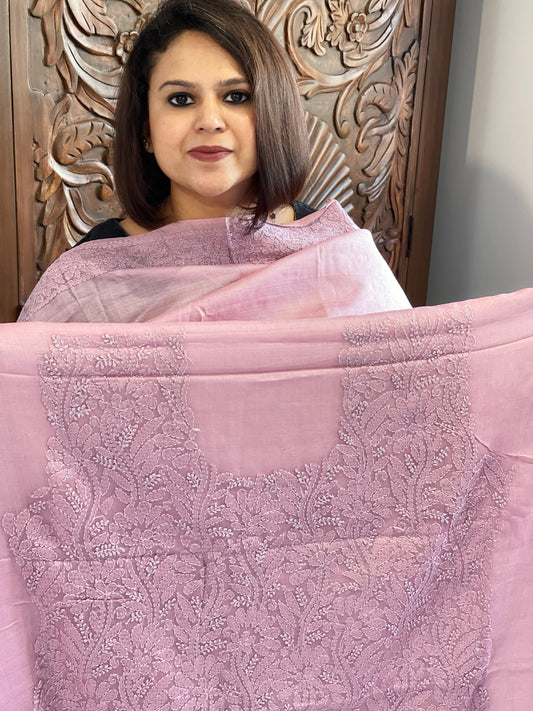 Purplish pink Suit Set with Lucknowi Handwork in Pure Tussar Silk - Masakalee
