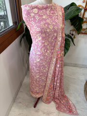 Purplish Pink Suit Set with Parsi Gara Embroidery in Georgette - Masakalee