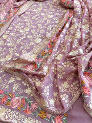 Purplish Pink Suit Set with Parsi Gara Embroidery in Georgette - Masakalee