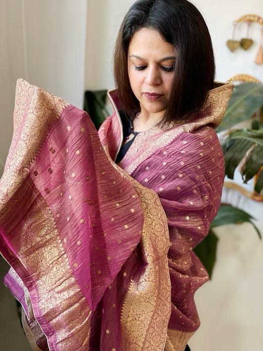 Purplish Pink Woven Banarasi Dupatta in Tissue - Masakalee