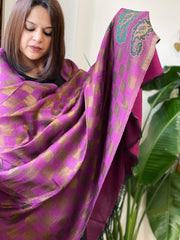Purplish Pink Woven Pashmina Zari Shawl with Kaani Pallu - Masakalee