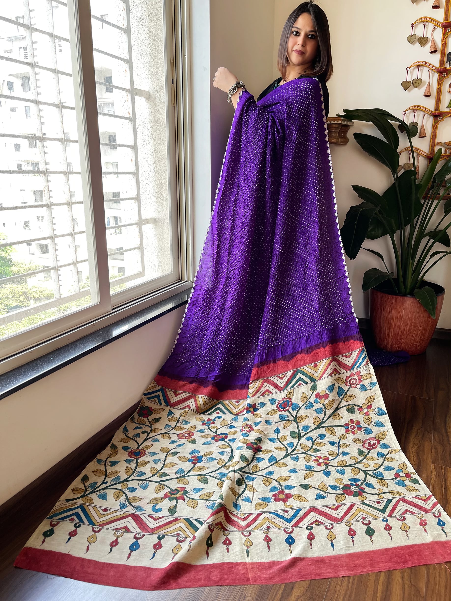 Rai Bandhej Saree with Handpainted Kalamkari Pallu in Pure Gajji Silk - Masakalee