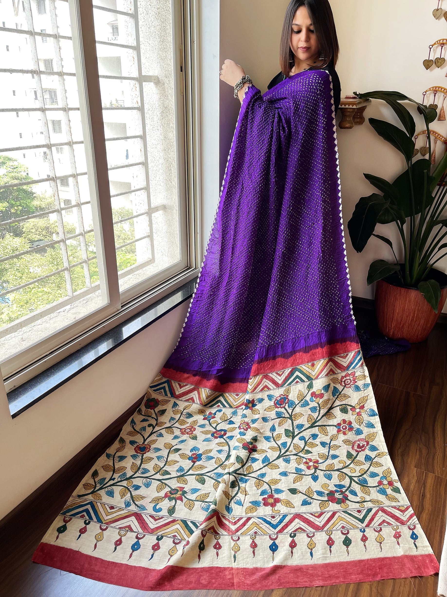 Rai Bandhej Saree with Handpainted Kalamkari Pallu in Pure Gajji Silk - Masakalee