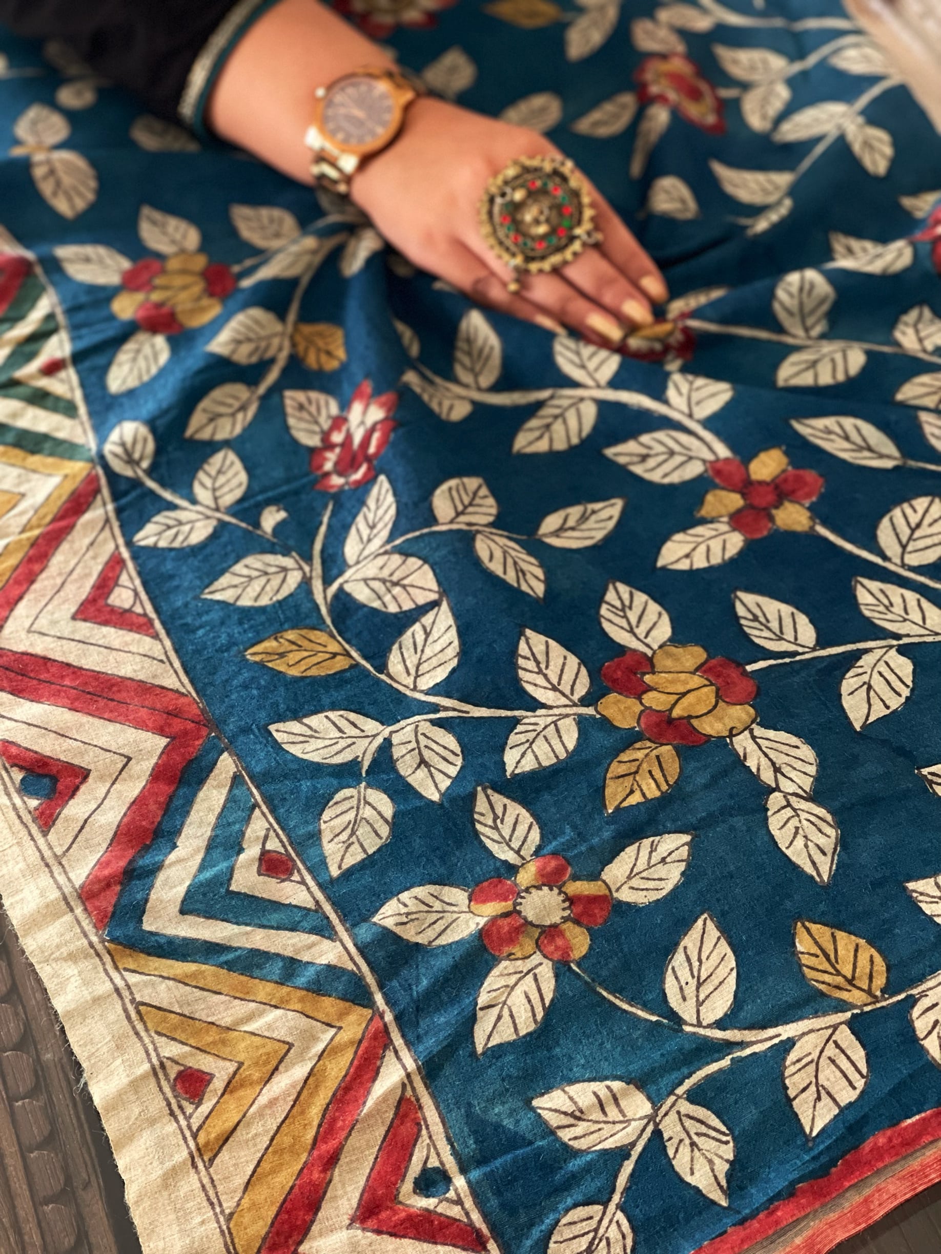 Rai Bandhej Saree with Handpainted Kalamkari Pallu in Pure Gajji Silk - Masakalee