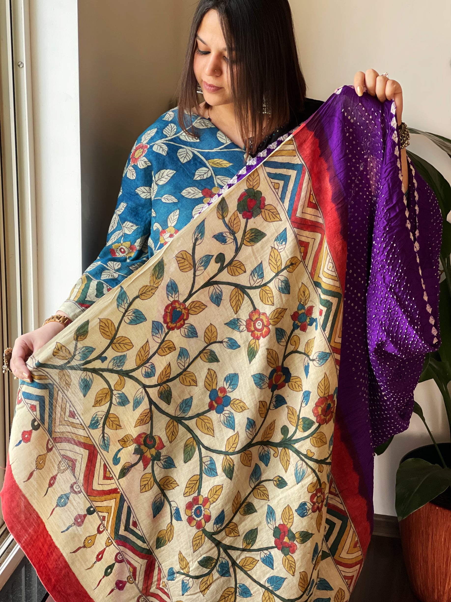 Rai Bandhej Saree with Handpainted Kalamkari Pallu in Pure Gajji Silk - Masakalee