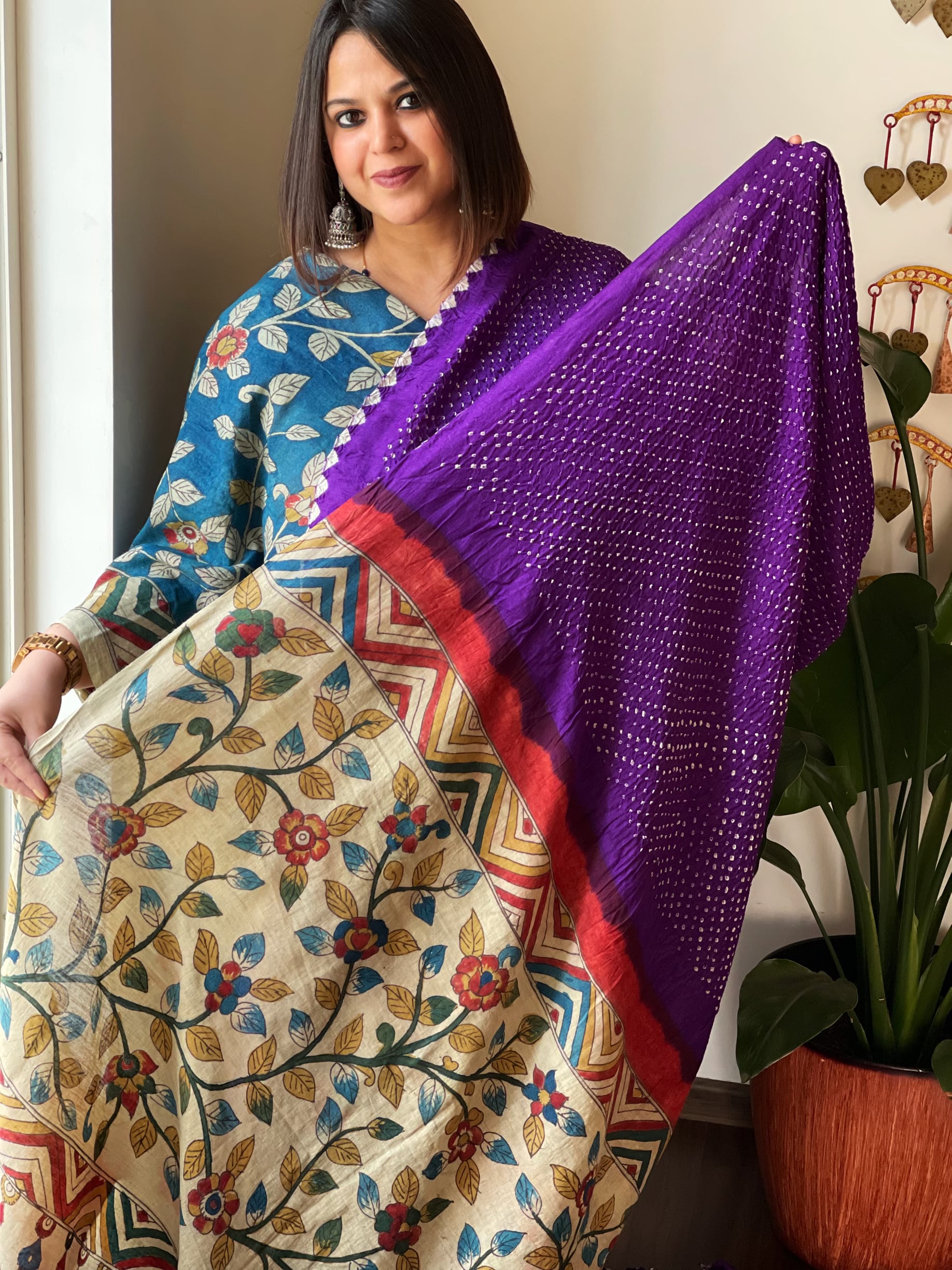 Rai Bandhej Saree with Handpainted Kalamkari Pallu in Pure Gajji Silk - Masakalee