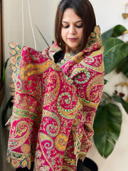Rani Pink Chinon Dupatta with Aari Embroidery - Masakalee