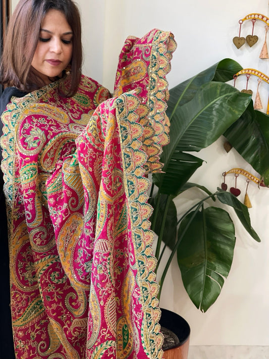 Rani Pink Chinon Dupatta with Aari Embroidery - Masakalee