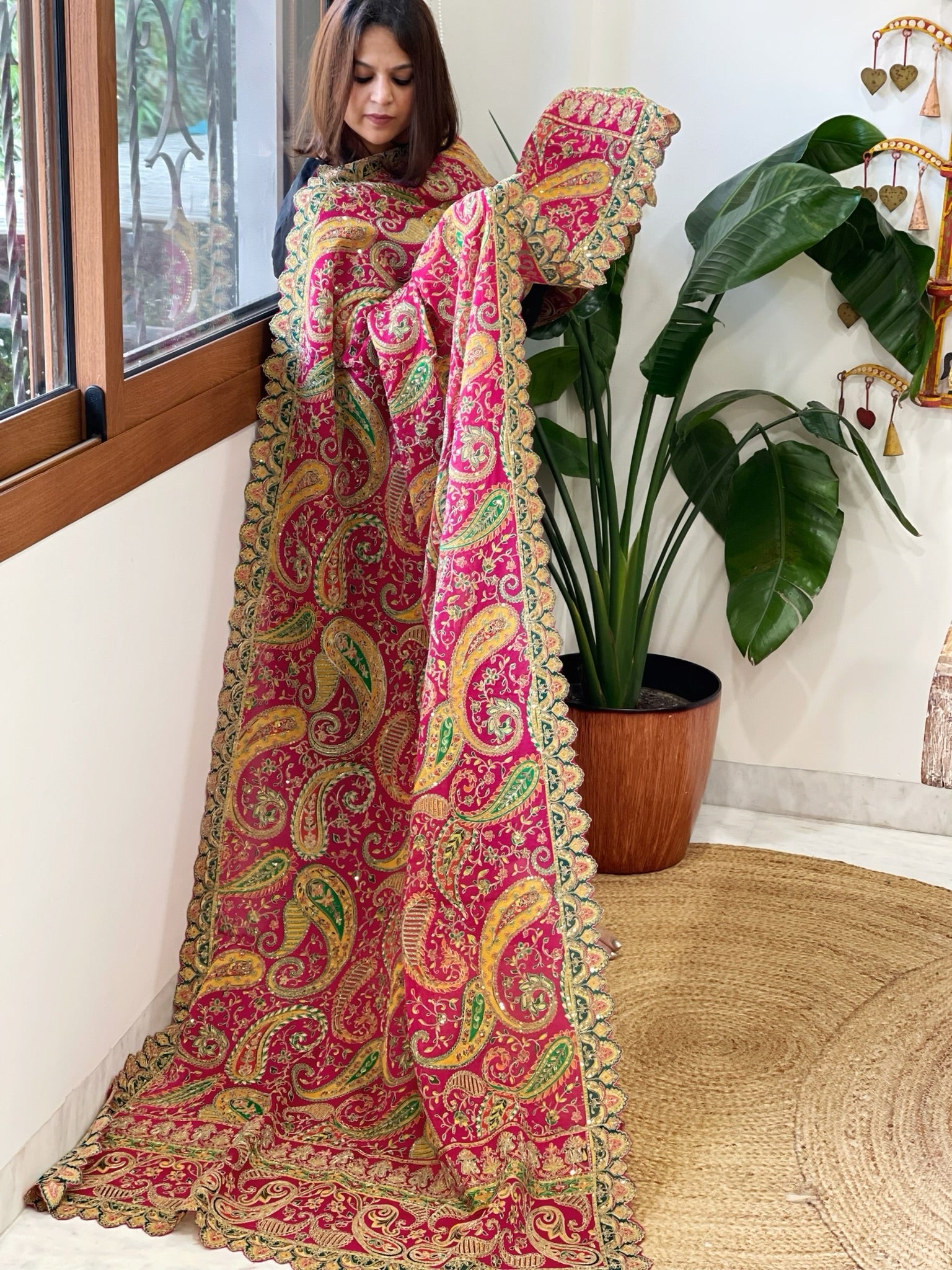 Rani Pink Chinon Dupatta with Aari Embroidery - Masakalee