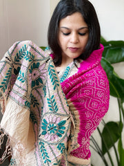 Rani Pink Rai Bandhej Dupatta with Kantha Handwork in Pure Munga Tussar Silk - Masakalee