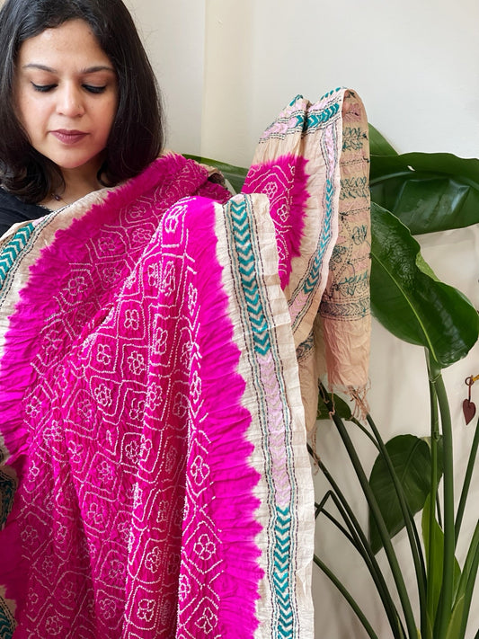Rani Pink Rai Bandhej Dupatta with Kantha Handwork in Pure Munga Tussar Silk - Masakalee